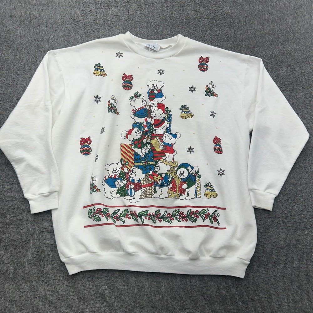 Vintage 80s Tee Dees Ugly Christmas Sweater Teddy Bear Holiday Sweatshirt L